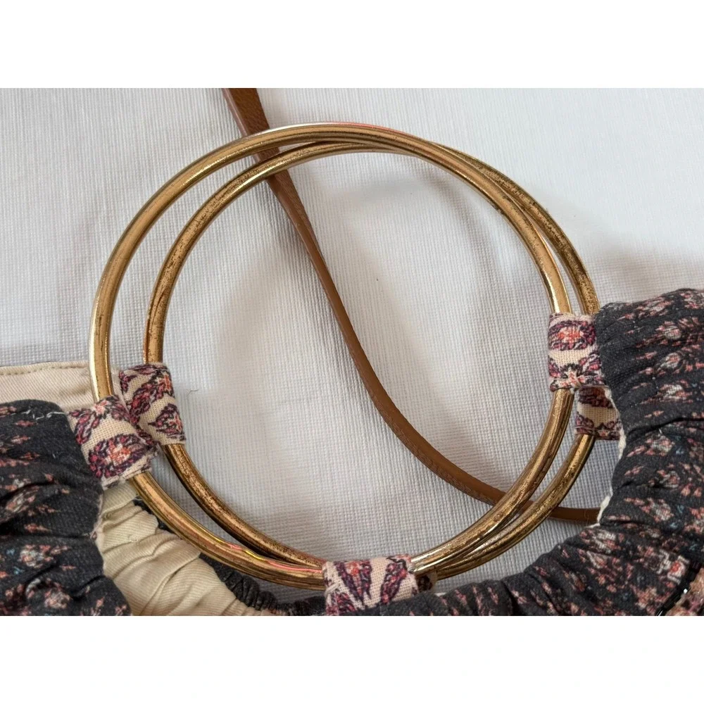 Anthropologie Bohemian Beaded Crescent Hobo Bag Gold Ring Handle Shoulder Bag‎